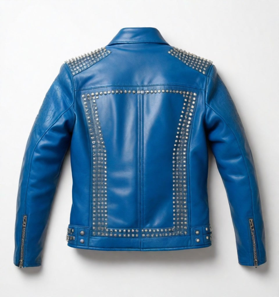 Blue leather jacket with silver studs and zippers