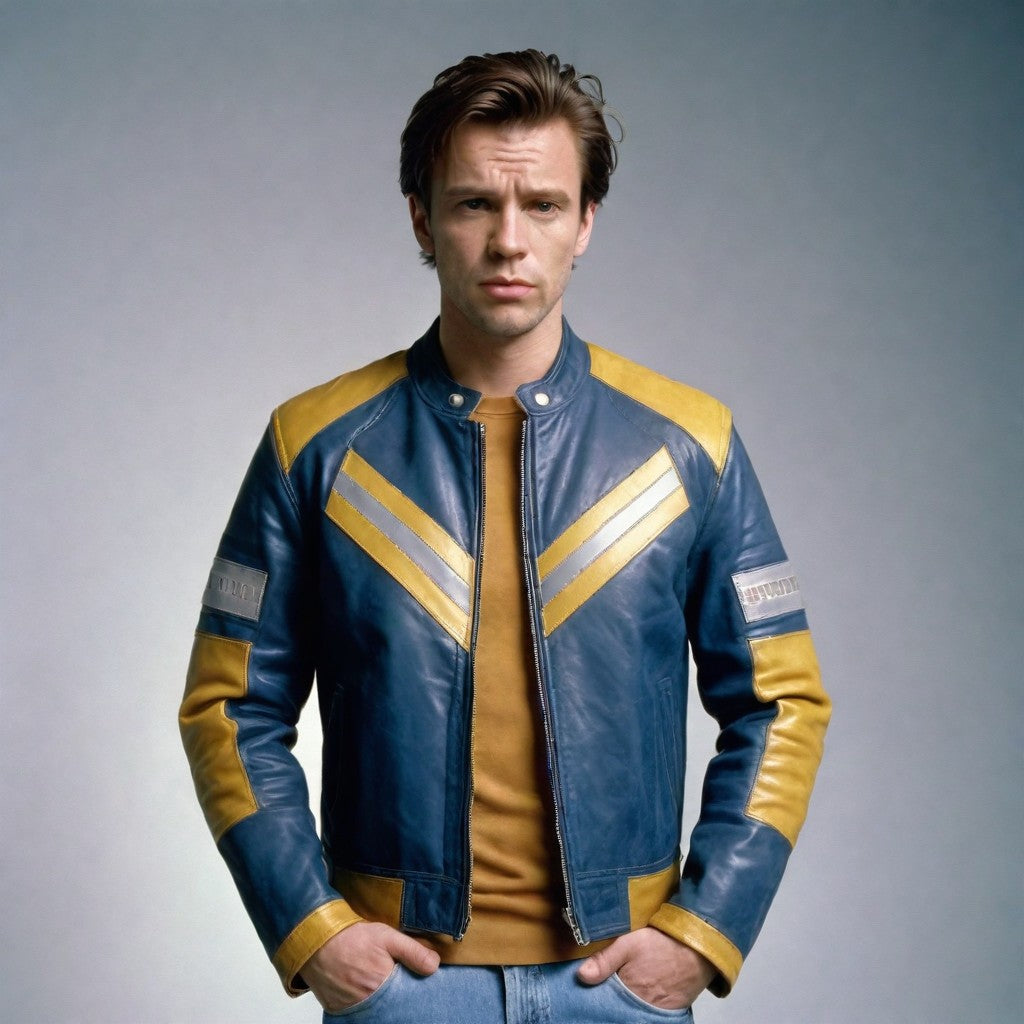 Customized Navy Blue and Yellow Leather Jacket