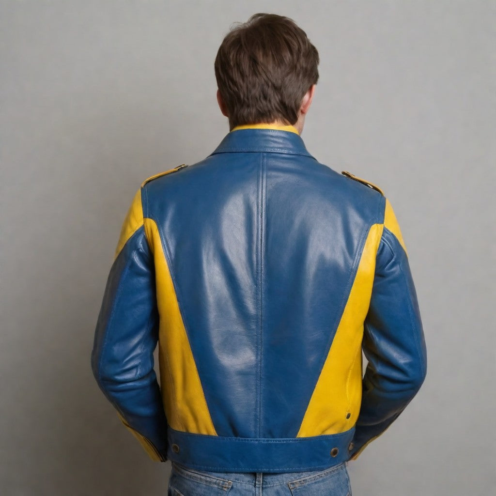 Customized Navy Blue and Yellow Leather Jacket