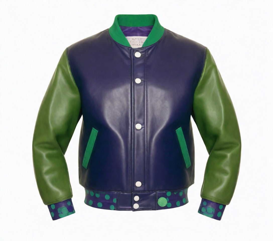 Custom Blue Leather Jacket with Green Sleeves