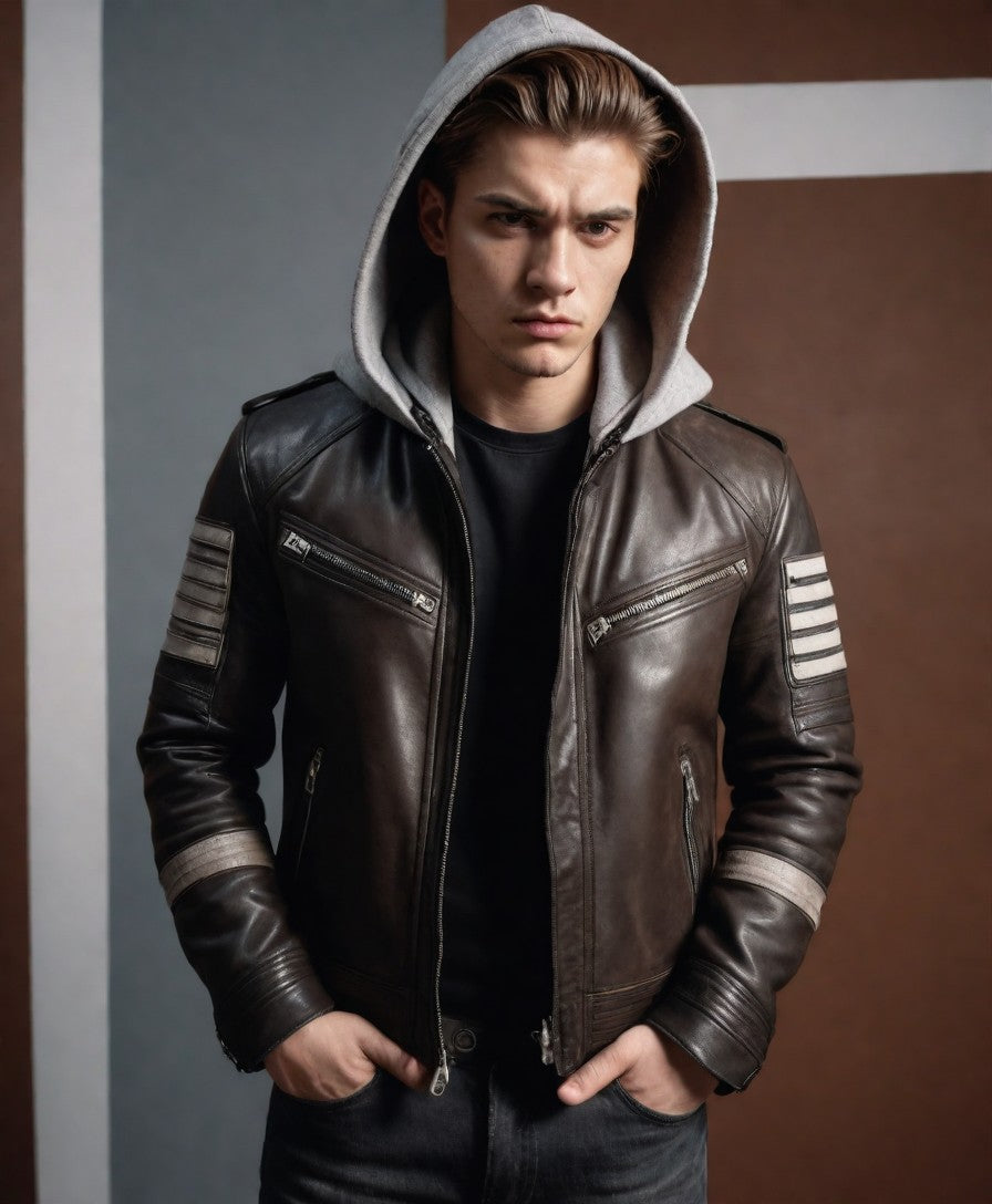 Brown Leather jacket with Hoodies