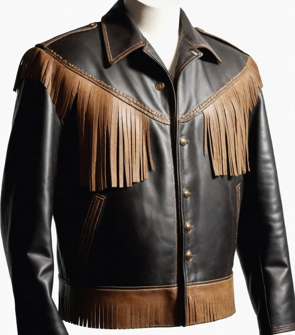 Black Leather Western-Style Jacket with Brown Fringe
