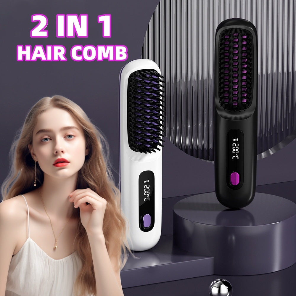 Sleek Style, Anywhere: 2-in-1 Wireless Hair Straightener Brush & Curler