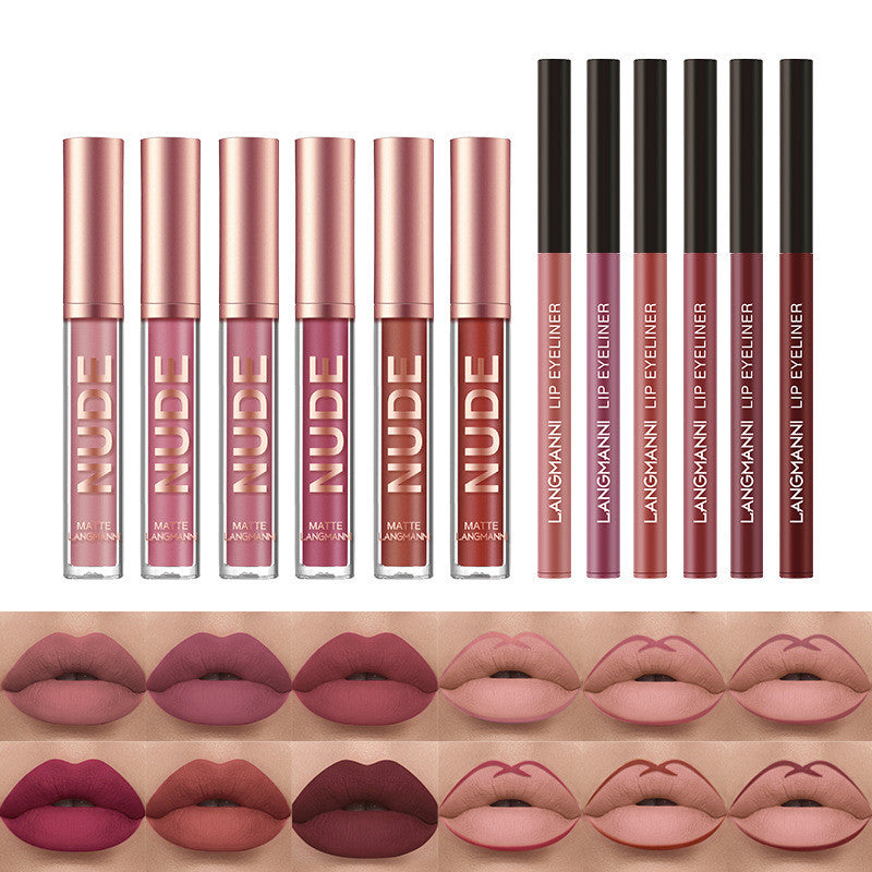 Complete Lip Perfection: 12-Piece Set with 6 Matte Lipsticks and 6 Lip Liner Pens