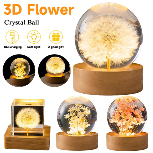 Enchanting LED Flower Crystal Ball Night Light - Perfect for Kids & Bedrooms, Creative Gift Idea with Wooden Base - Jinus Emporium