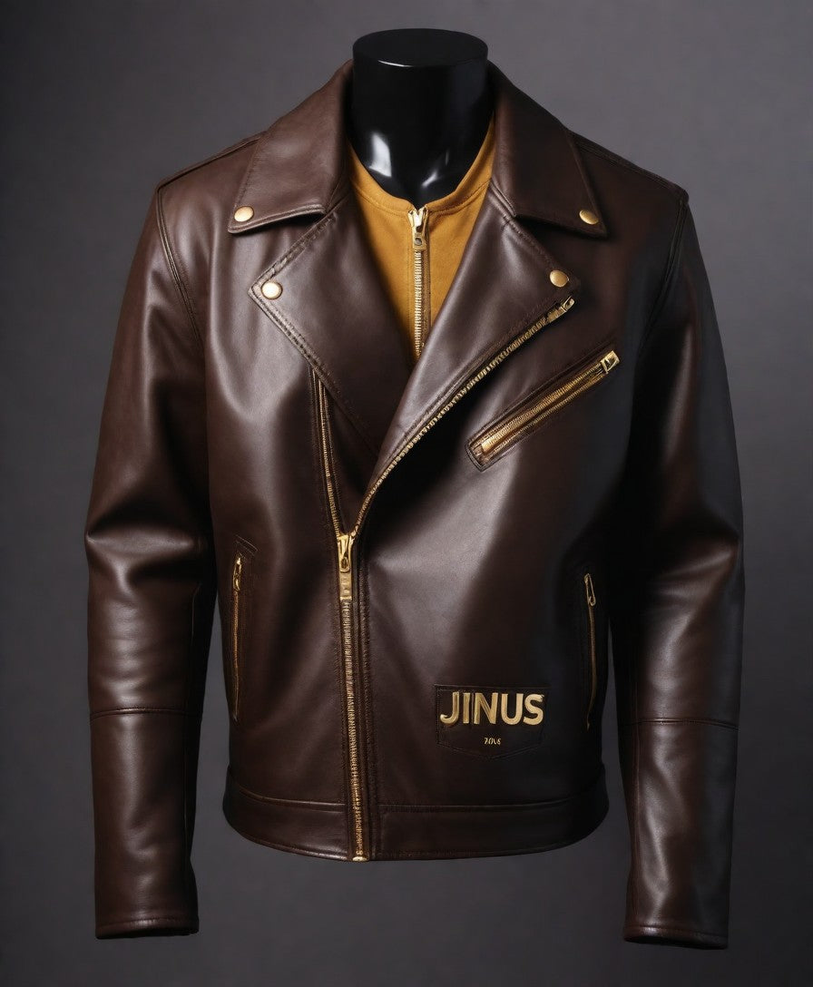 JINUS Dark Brown Leather jacket with Golden Zip