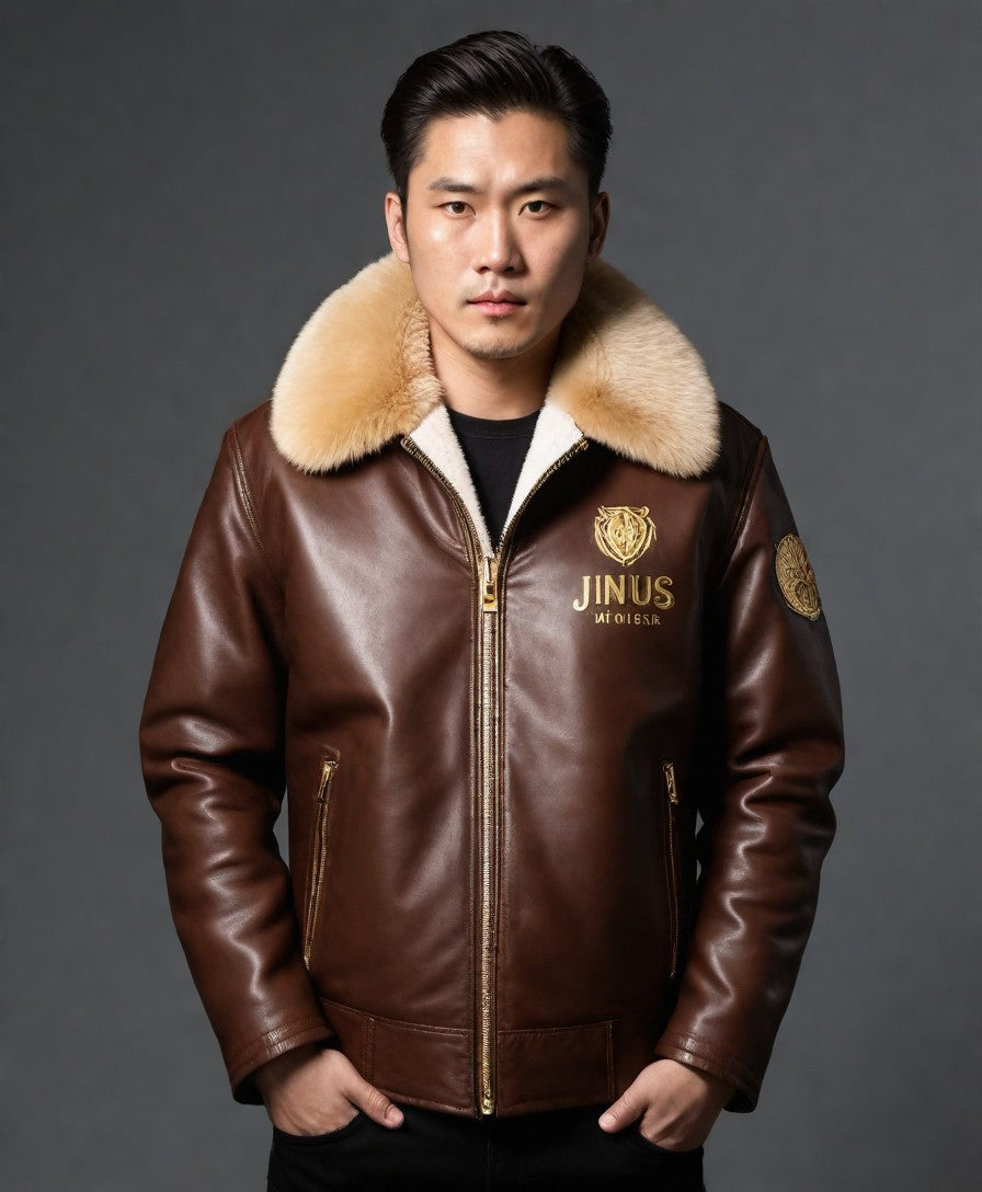 JINUS Brown Leather Jacket with Golden ZI[p and Fur Collar