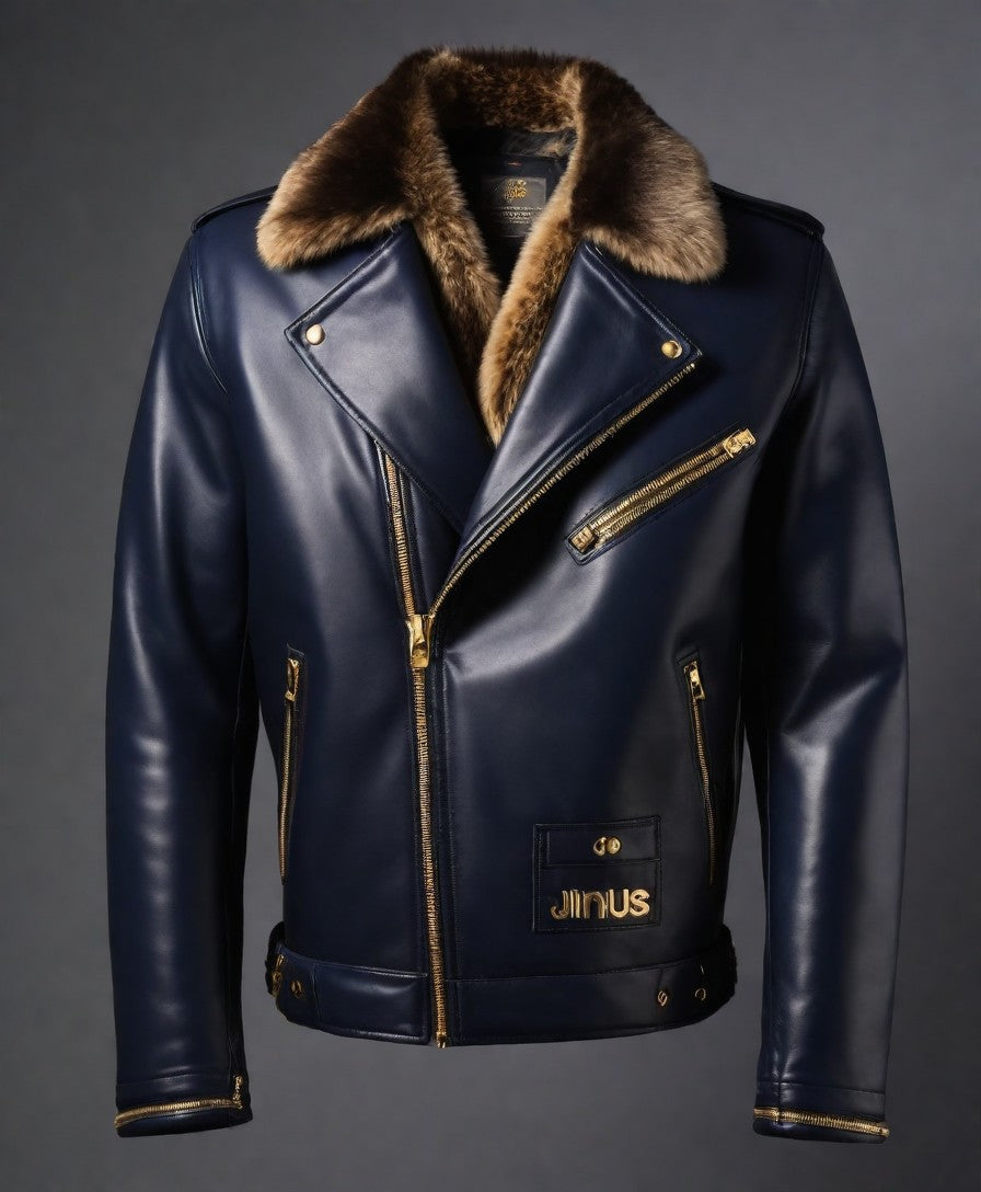 JINUS Navy Blue Leather Jacket with Fur Collar and Golden Zip