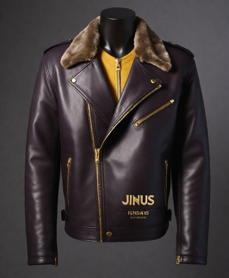 Dark Maroon Leather jacket with Golden Zip and Fur Collar