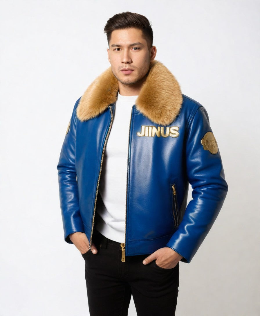 Blue Leather jacket with Golden Zip