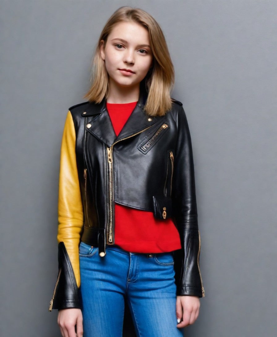JINUS Leather Black, Yellow and Red Jacket for Woman
