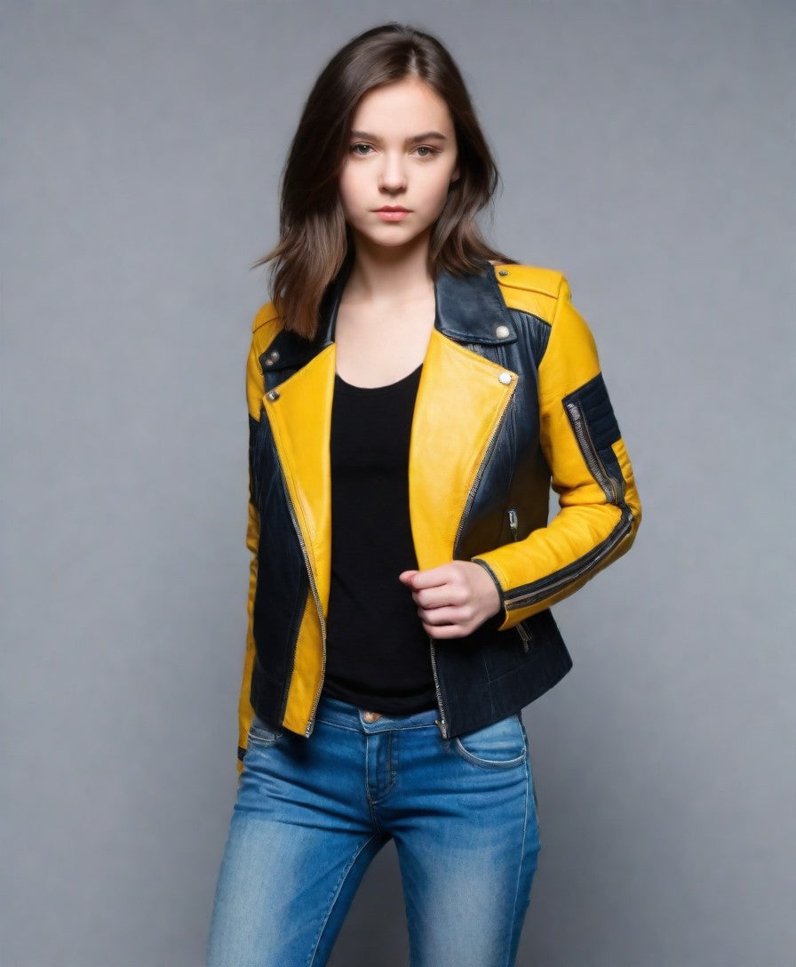 JINUS Black and Yellow Leather jacket for Woman