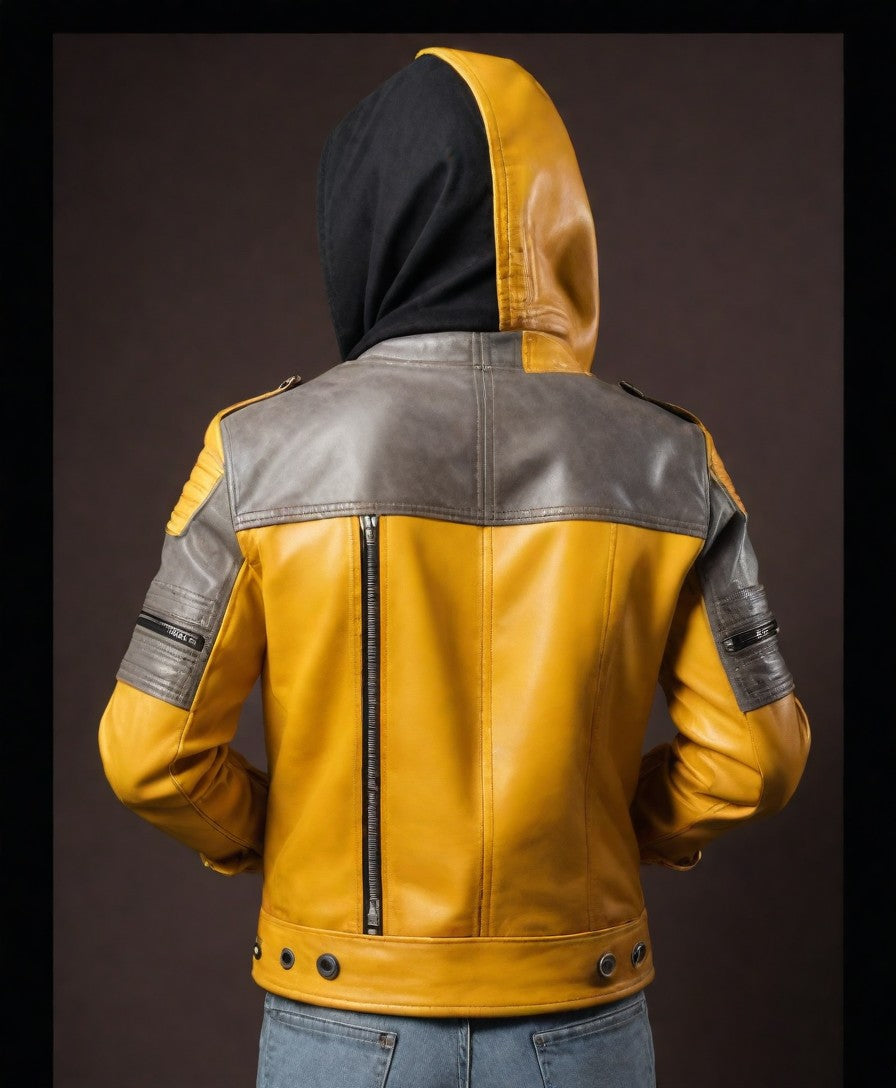 Yellow Gary Leather Jacket with Hoodies