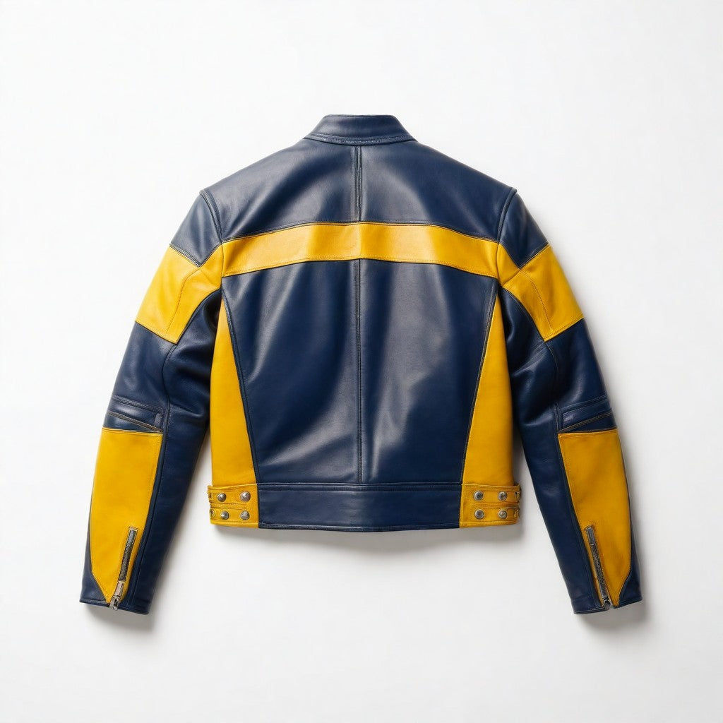 Navy Blue and Yellow Leather Jacket