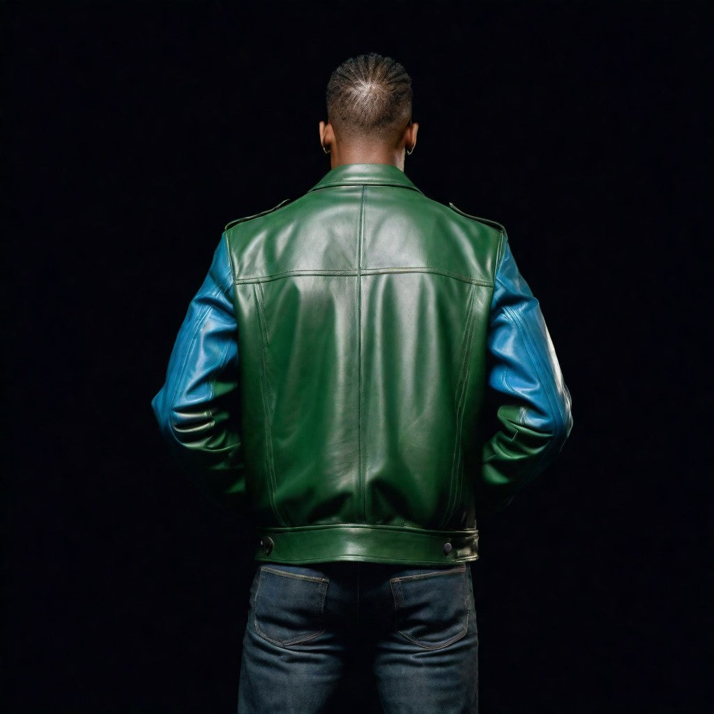 JINUS Green Blue and Red Leather Jacket