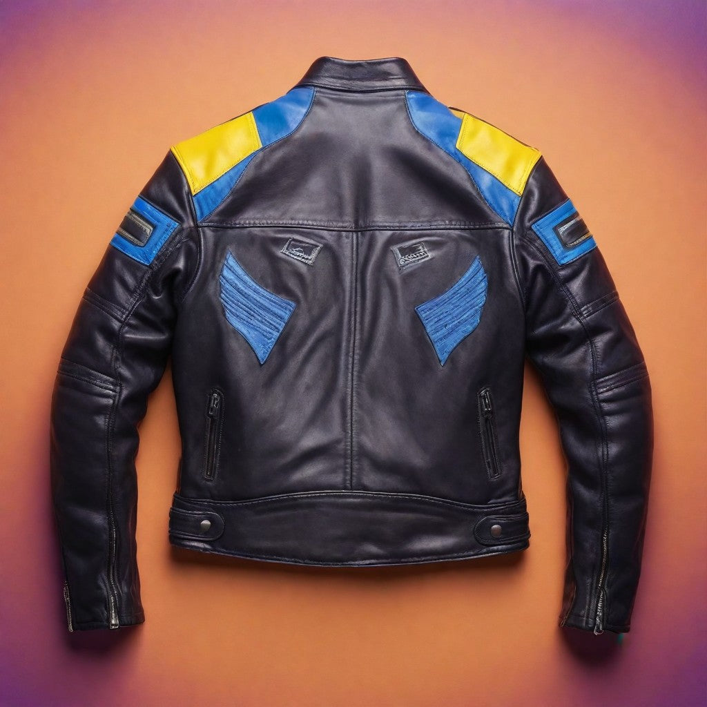 JINUS Black Motorcycle Leather Jacket with Yellow and Blue Stripes