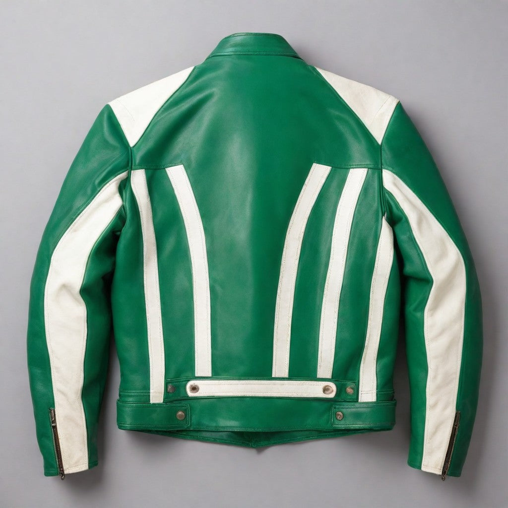 JINUS Green Leather jacket with white Stripes