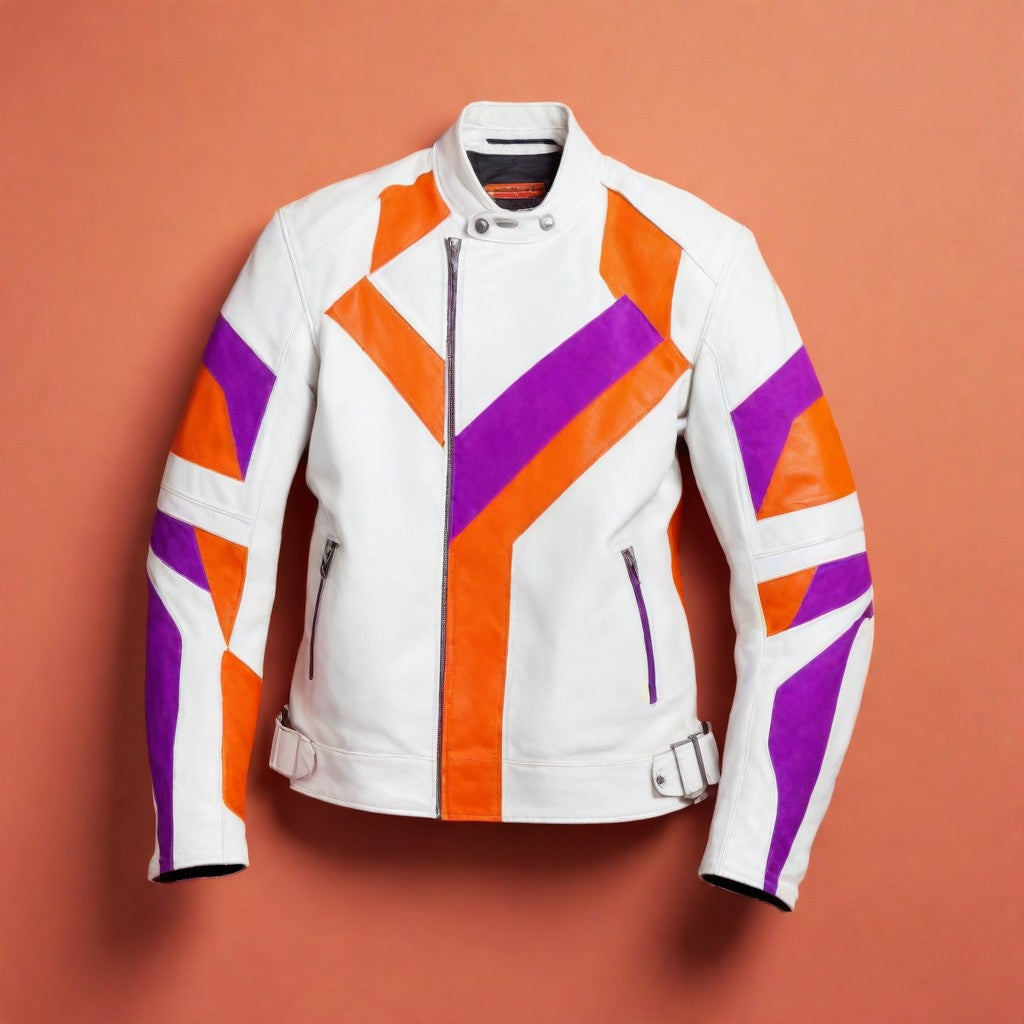 JINUS White Leather Jacket with Purple and Orange Stripes