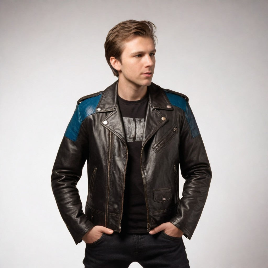 JINUS Brown Motorcycle Biker Leather Jacket with Blue Shoulder Patch