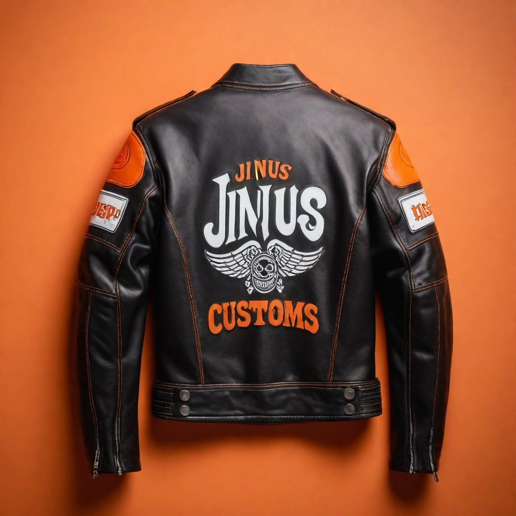 JINUS CUTOMS Black and Orange Leather Jacket