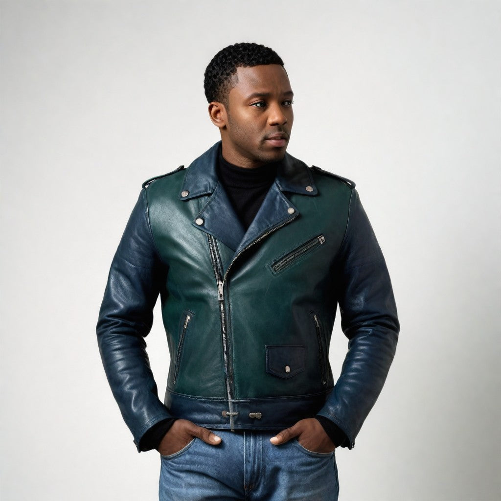 JINUS Green and Blue Leather Jacket