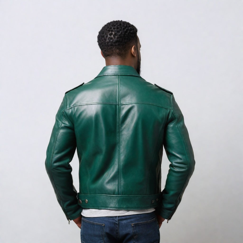 JINUS Green and Blue Leather Jacket