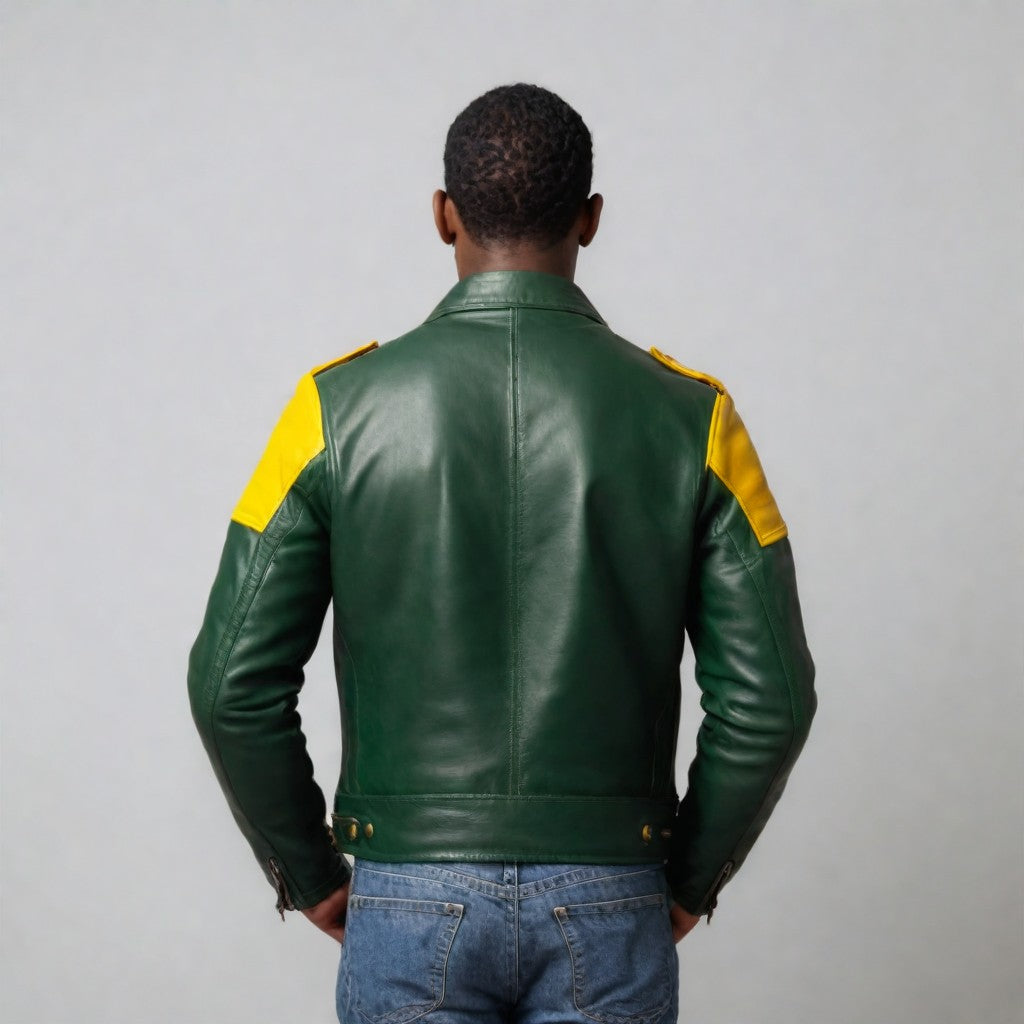 JINUS Green and Yellow Leather Jacket