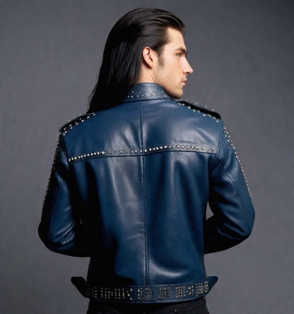 Navy Blue and Black Leather Jacket with Studs
