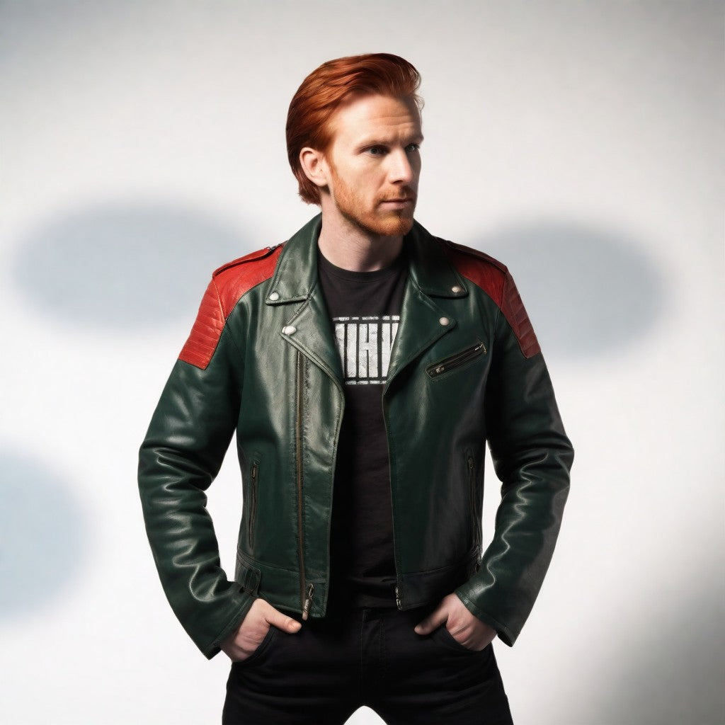 JINUS Green and Red Leather Jacket