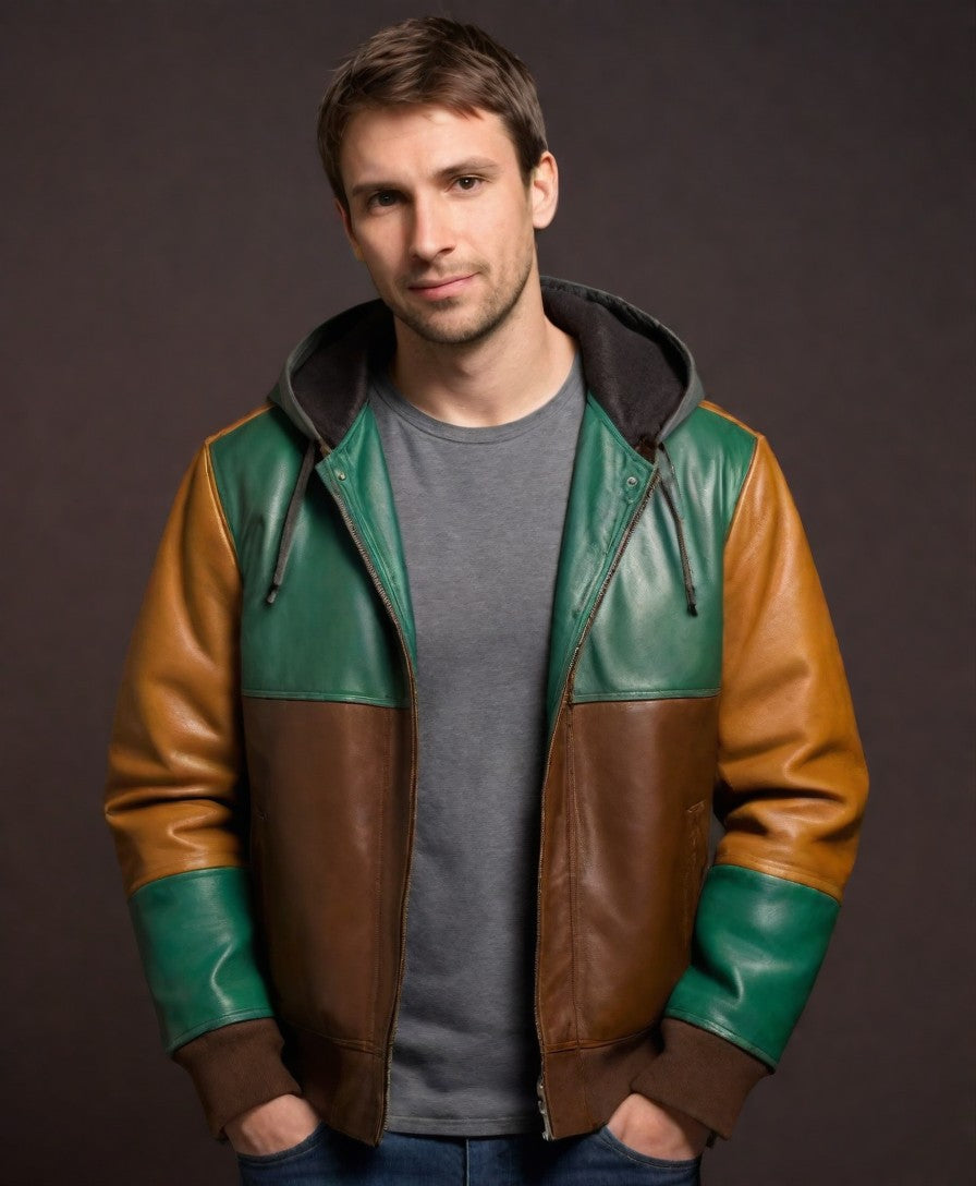 Green Brown Leather Jacket with Hood