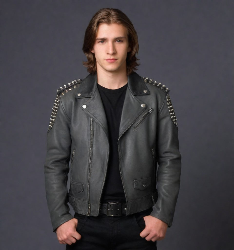 Gray Leather jacket with Studs