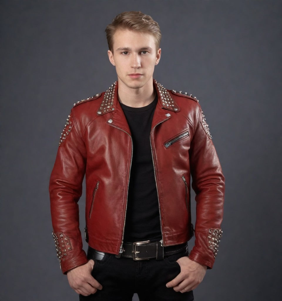 Red and Black Leather Jacket with Studs