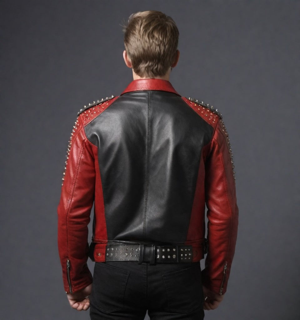Red and Black Leather Jacket with Studs