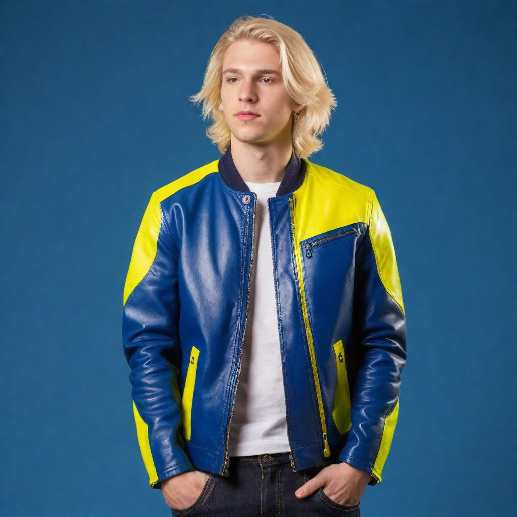 Navy Blue and Yellow Leather Jacket