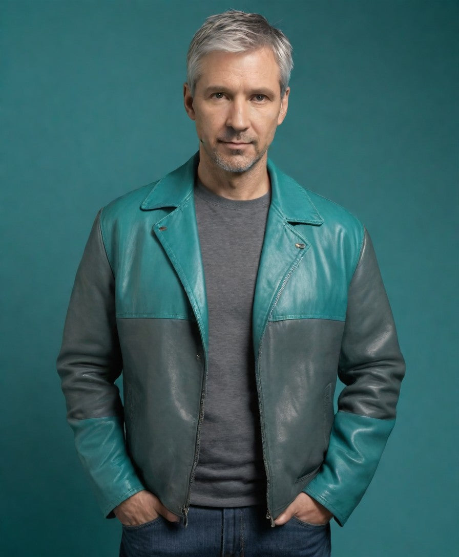 JINUS teal and Gray Leather Jacket
