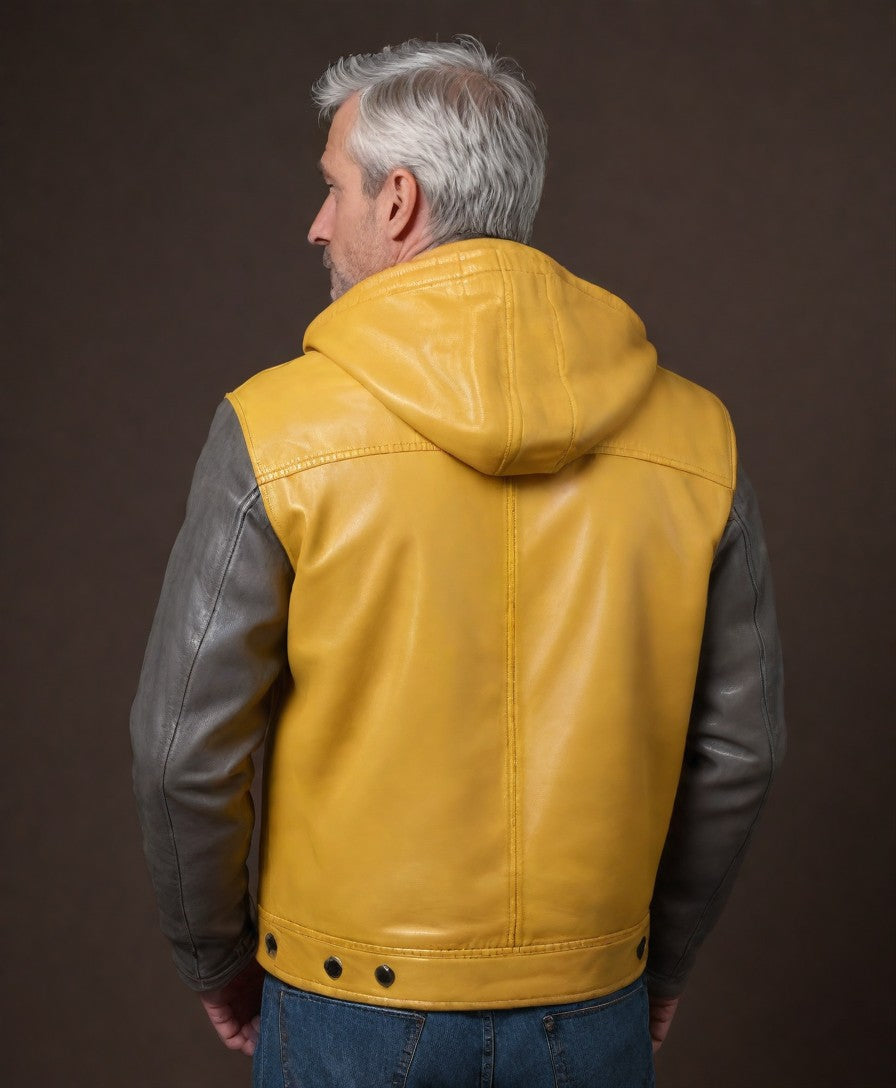 JINUS Yellow and Gray Leather Jacket with Hood