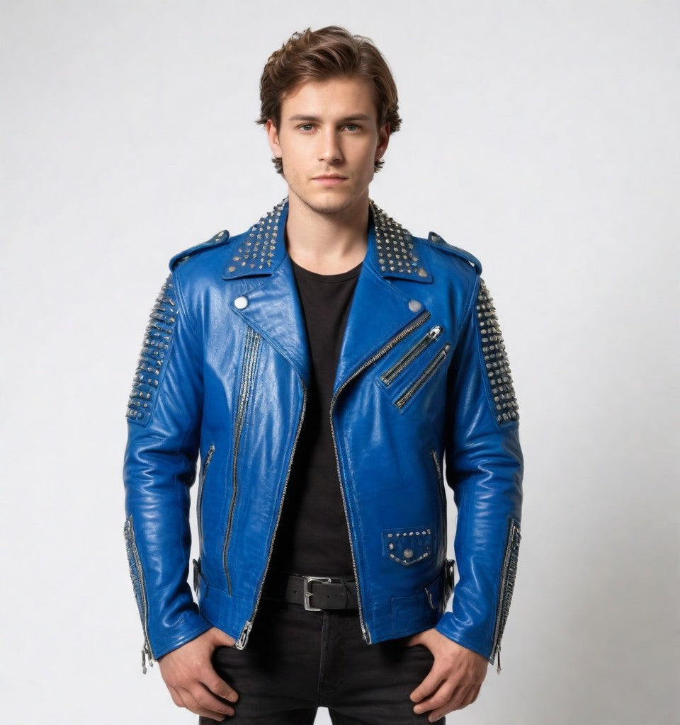 Blue Leather Jacket with Studs and Zippers